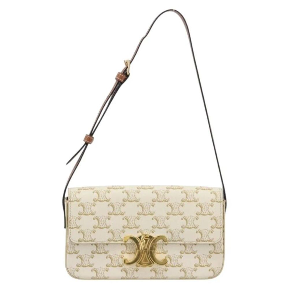 Celine Triomphe Strap Bag Monogram Canvas White Leather Handbag